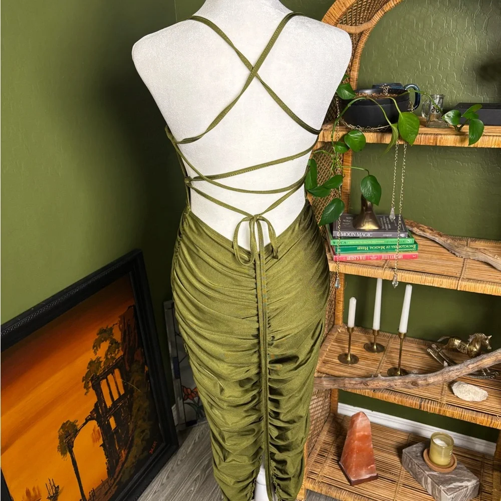Olive Green Ruched Satin Slip Dress - Picture 2 of 4